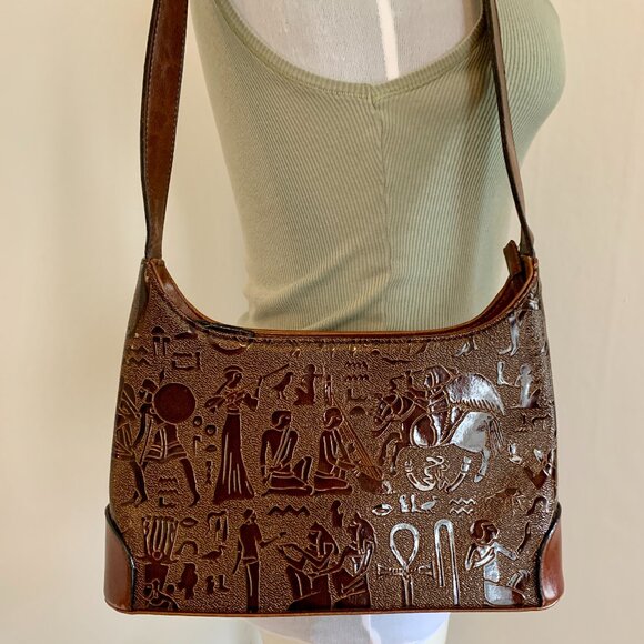 VTG Leather Hungun Egyptian Hieroglyphic Brown Hand Bag Purse Goddess Carving - Picture 1 of 15